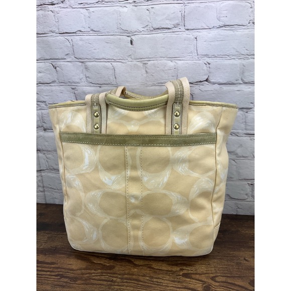 Coach Signature Print Tote Bag Purse Satchel Handbag Designer Tan - Picture 2 of 10